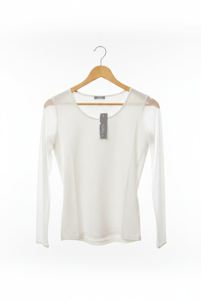 Naya Jersey Round Neck Top With Mesh Sleeve Cream
