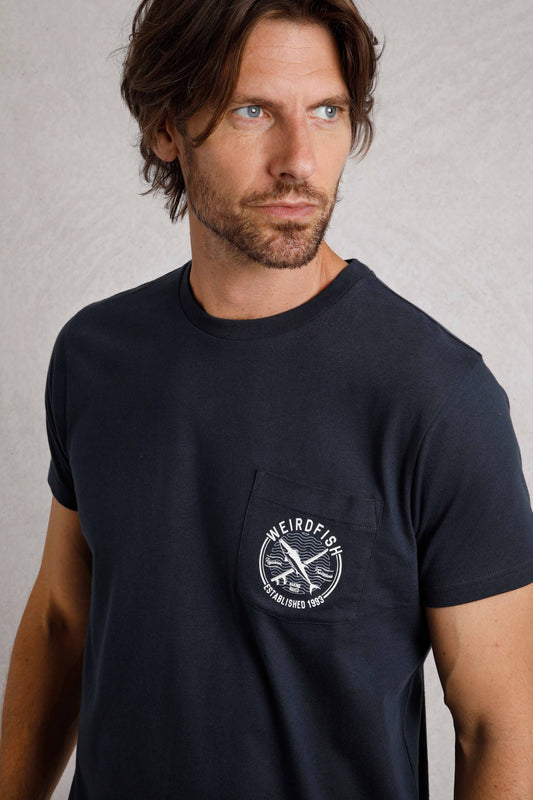 Weird Fish Tidal Organic Cotton Branded Pocket T-Shirt Navy