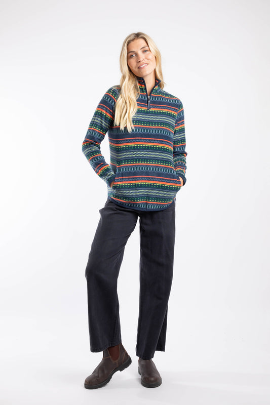 Weird Fish Reena 1/4 Zip Printed Microfleece Deep See Blue