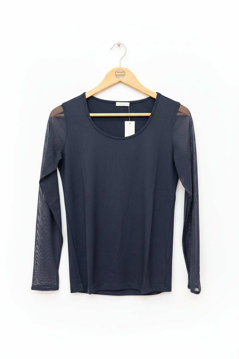Naya Jersey Round Neck Top With Mesh Sleeve French Blue