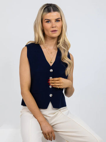KATE & PIPPA KELLY BUTTONED KNIT WAISTCOAT IN NAVY