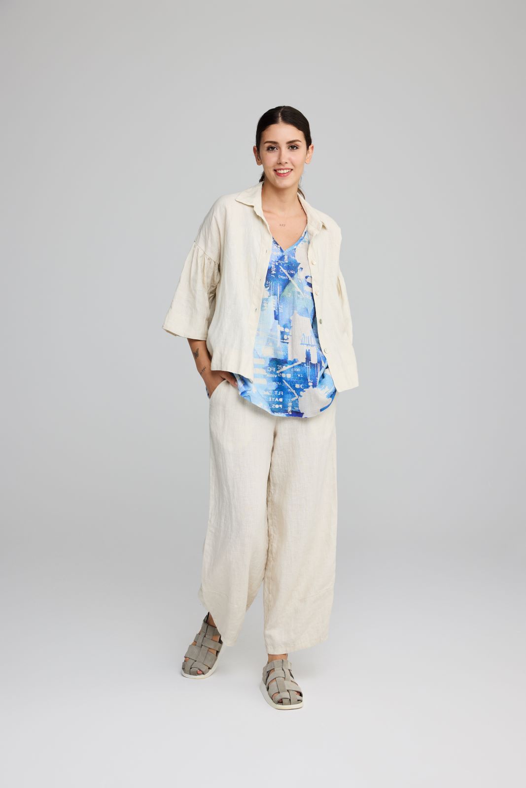 Luukaa V-Neck Linen Top Blue