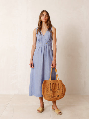 Indi & Cold Crossover Linen Dress- Blue