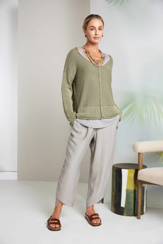 Naya Curved Hem Trouser With Elastic Waist Pebble