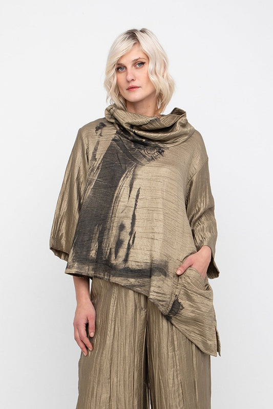 Ozai N Ku Crinkle Brush Print Top Gold