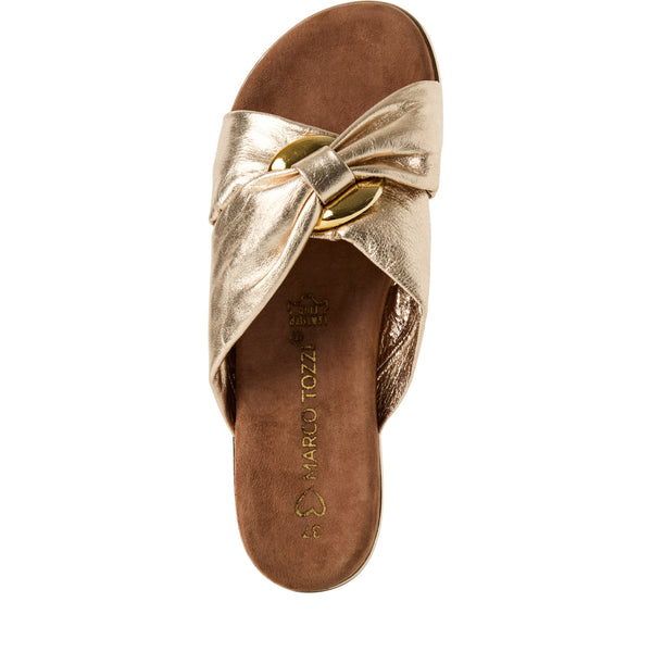 Marco Tozzi Leather Slider Sandal Gold