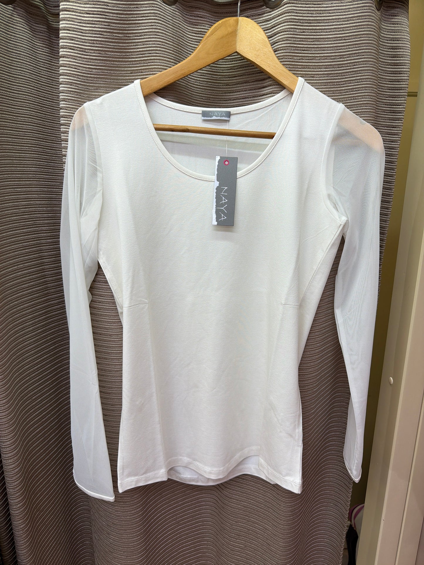 Naya Jersey Round Neck Top With Mesh Sleeve Cream