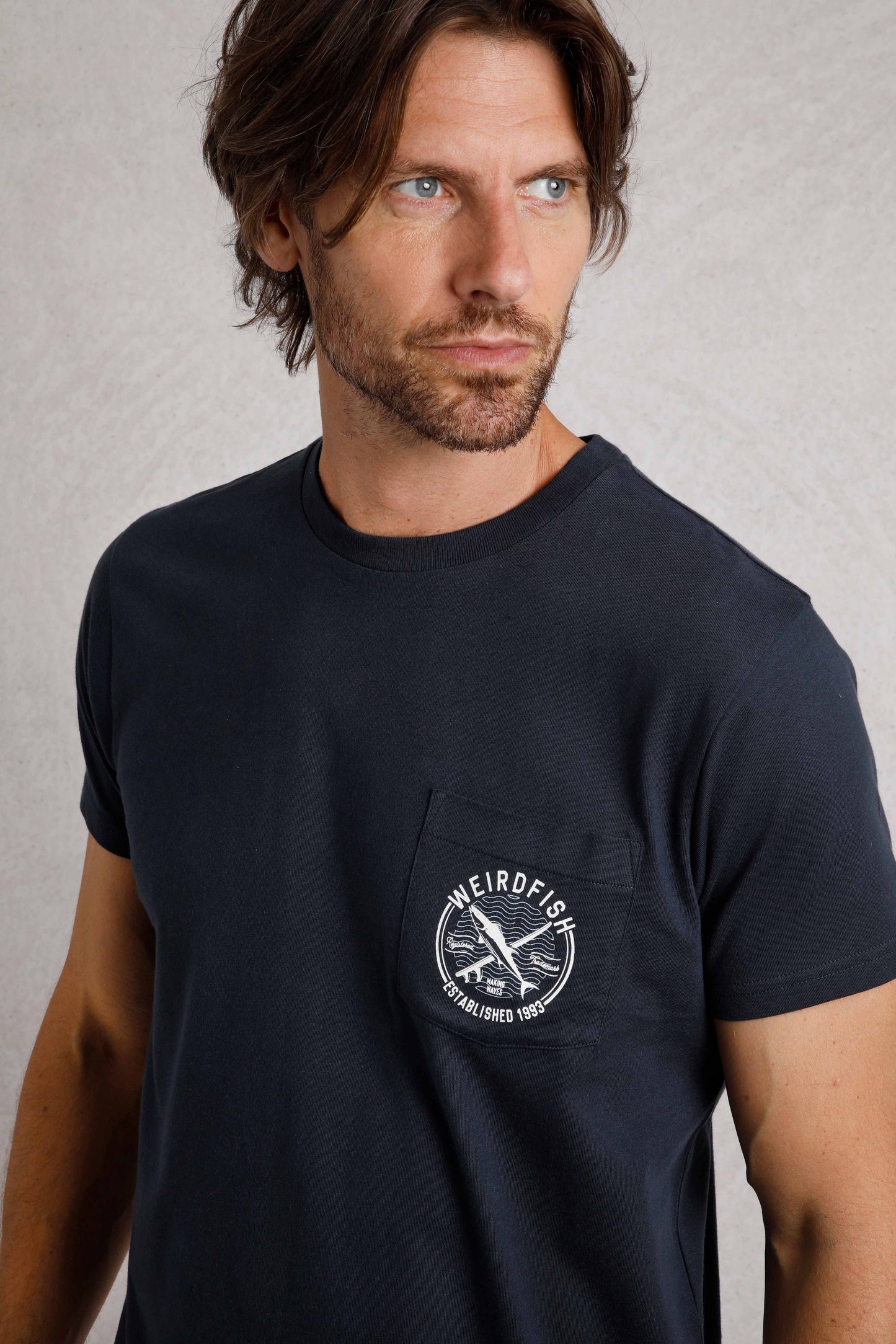 Weird Fish Tidal Organic Cotton Branded Pocket T-Shirt Navy