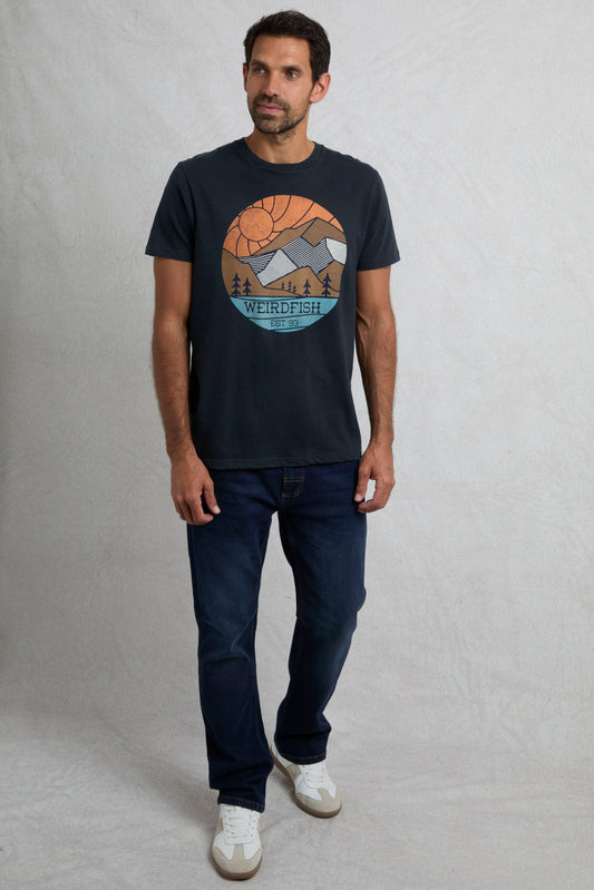 Weird Fish Foothills Organic Cotton Front Print T-Shirt Navy