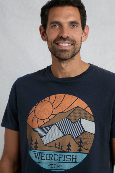 Weird Fish Foothills Organic Cotton Front Print T-Shirt Navy