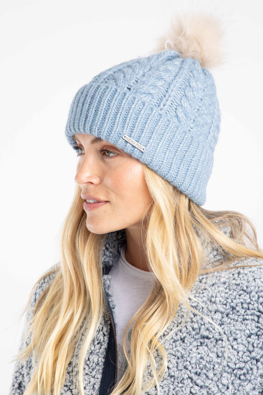 Weird Fish Allerton Cable Knit Bobble Hat Lake Blue