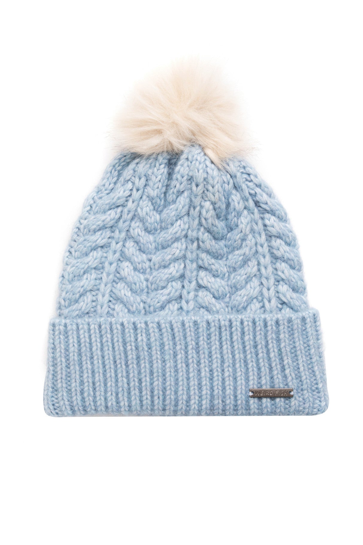 Weird Fish Allerton Cable Knit Bobble Hat Lake Blue
