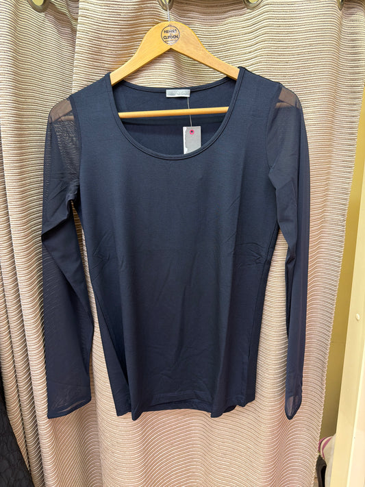 Naya Jersey Round Neck Top With Mesh Sleeve French Blue