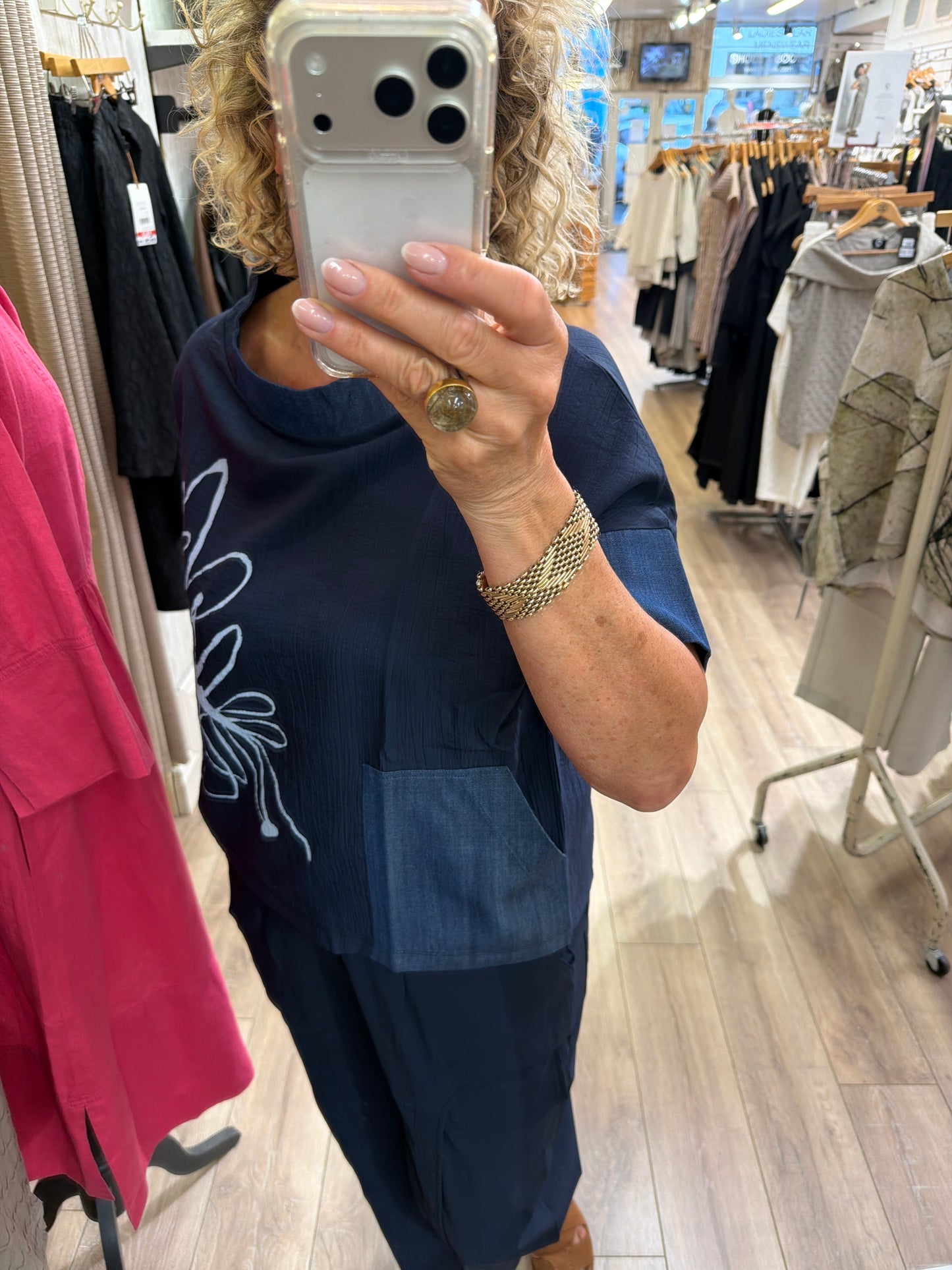 Naya Denim Look Placement Print Top with Contrast Collar and Pocket