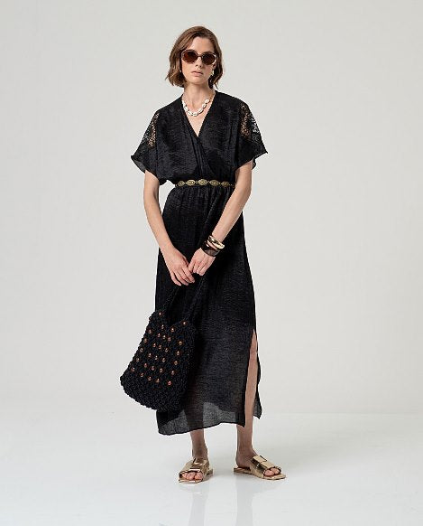 Surkana Long Cross-Over Neck Dress Black