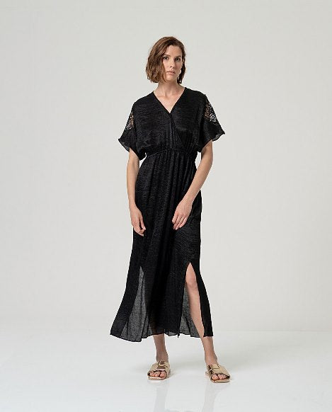Surkana Long Cross-Over Neck Dress Black