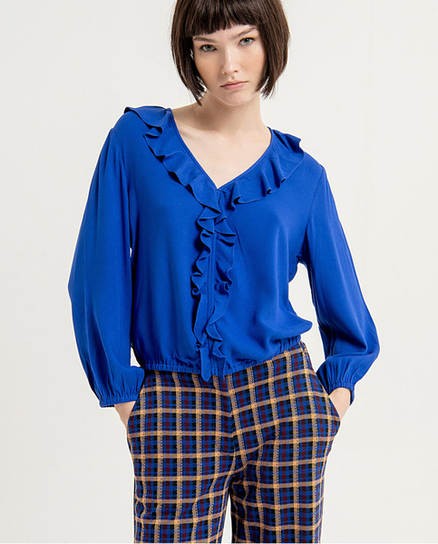 Surkana V-Neck Ruffle Blouse - Cobalt Blue