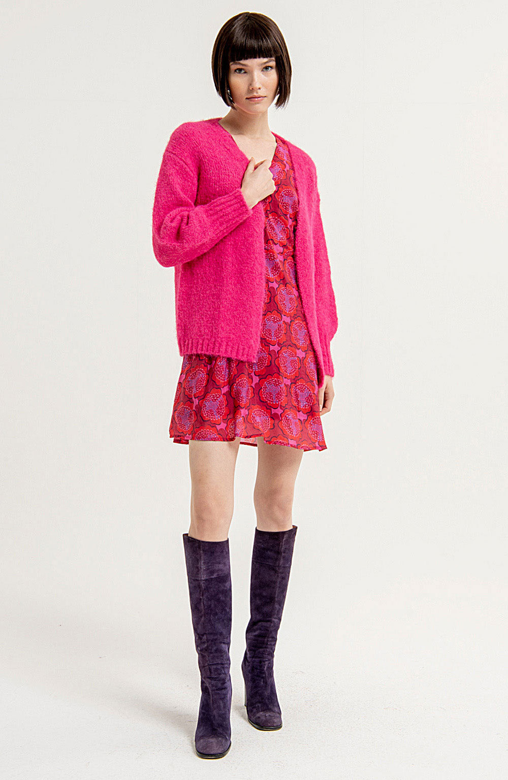 Surkana Open cardigan with puffed sleeves and wide cuffs Fuchsia