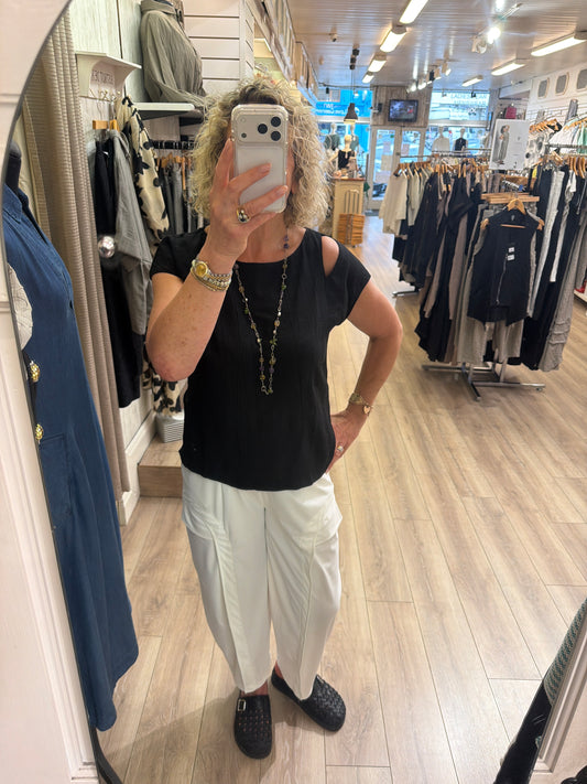 Naya Round Neck Waffle Top With Cut Out At Shoulder Black