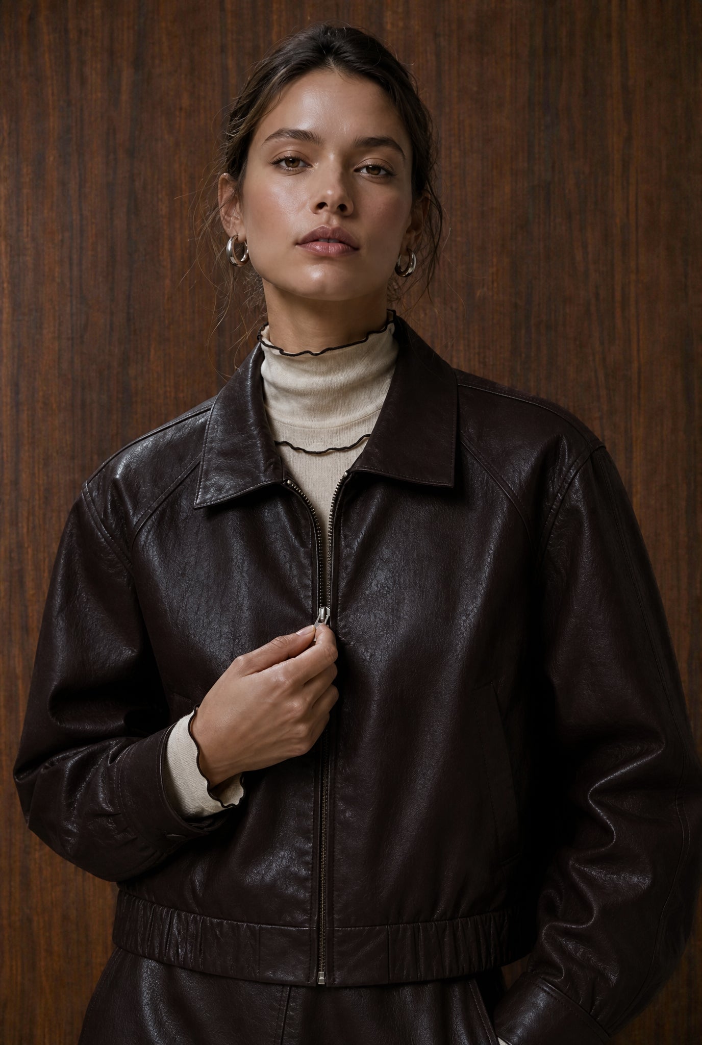 Jane Lushka Pola Eco Leather Bomber jacket Dark Brown