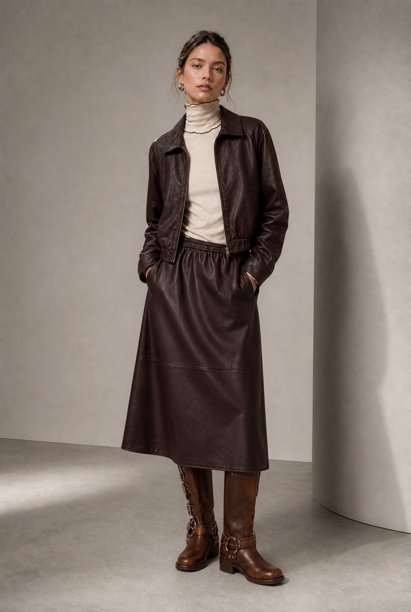 Jane Lushka Pola Eco Leather Bomber jacket Dark Brown