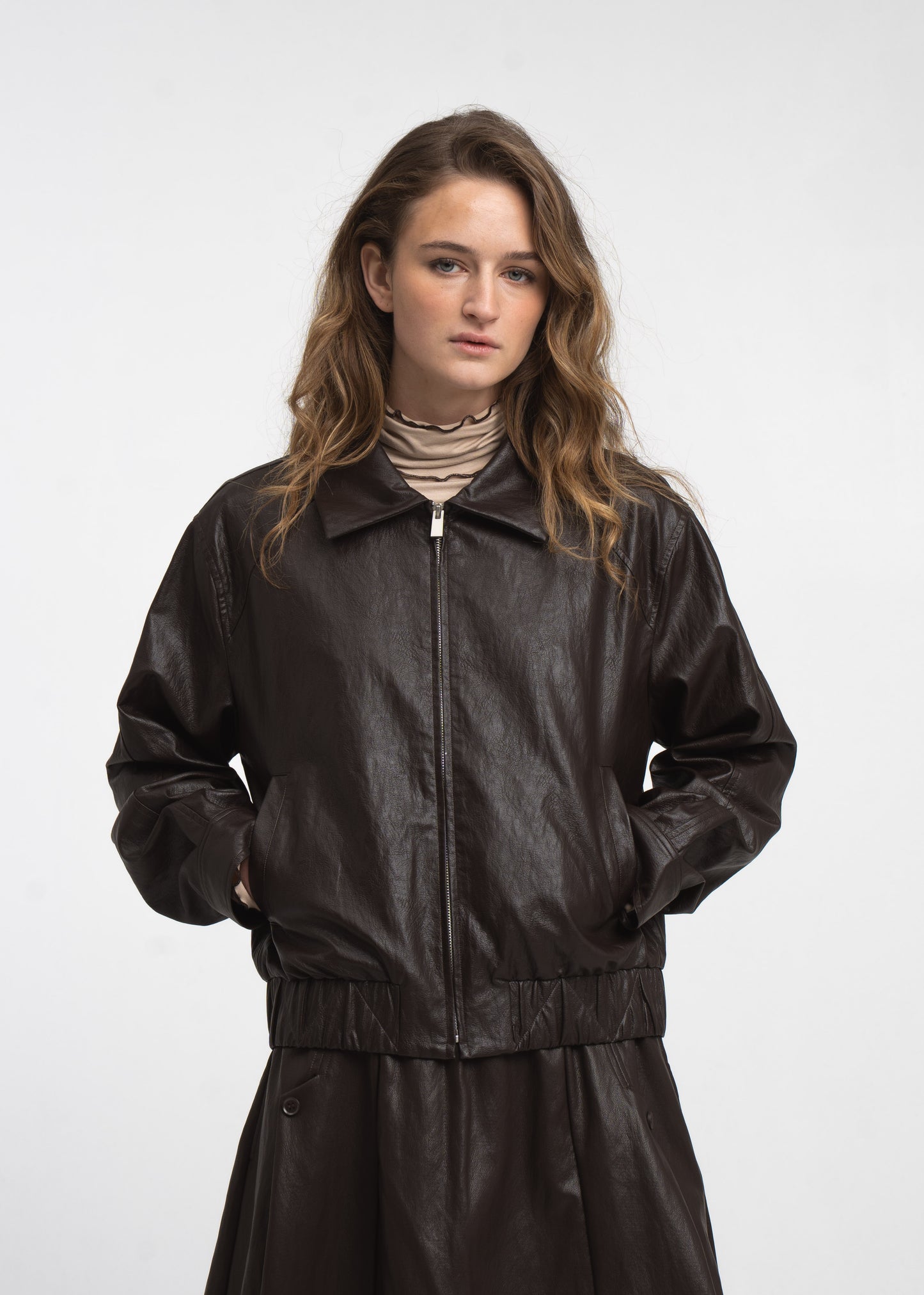 Jane Lushka Pola Eco Leather Bomber jacket Dark Brown
