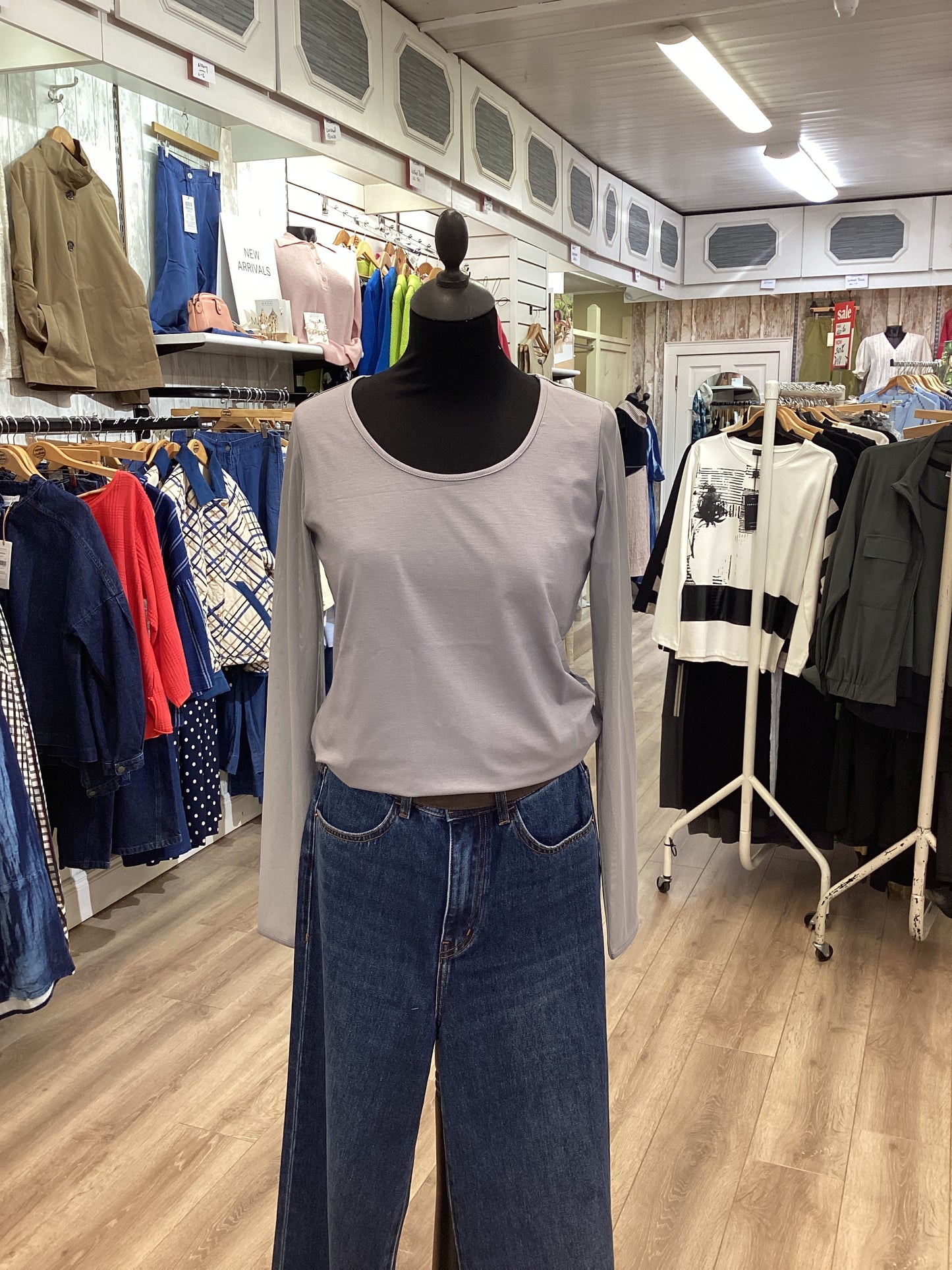 Naya Jersey Round Neck Top With Mesh Sleeve Dove