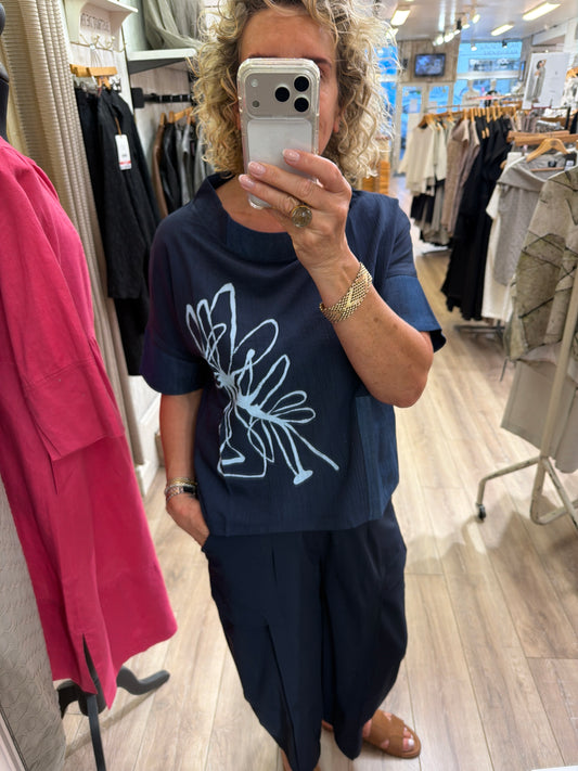 Naya Denim Look Placement Print Top with Contrast Collar and Pocket