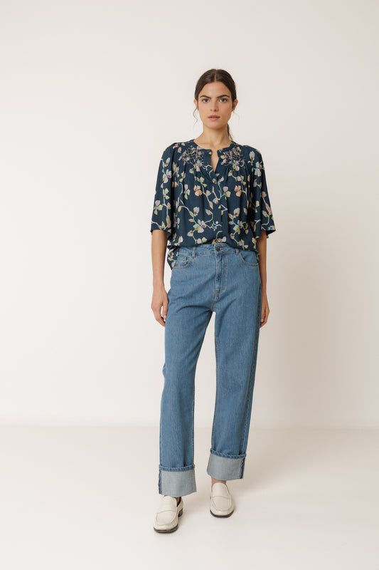 Indi & Cold Smock Detail Top Navy