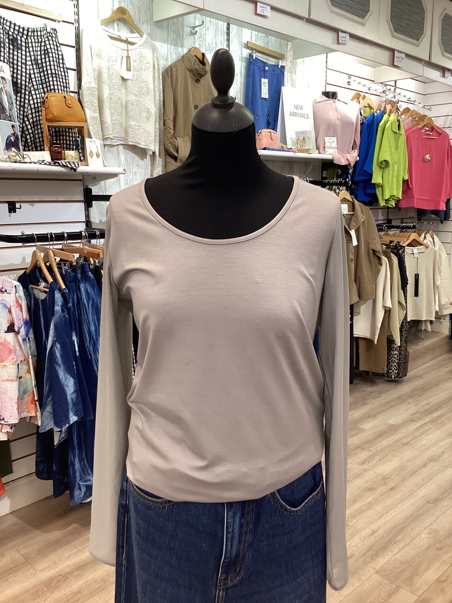 Naya Jersey Round Neck Top With Mesh Sleeve Taupe