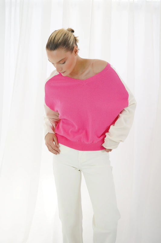TWNS Wheatridge Bi Color V Neck Pullover Neon Pink