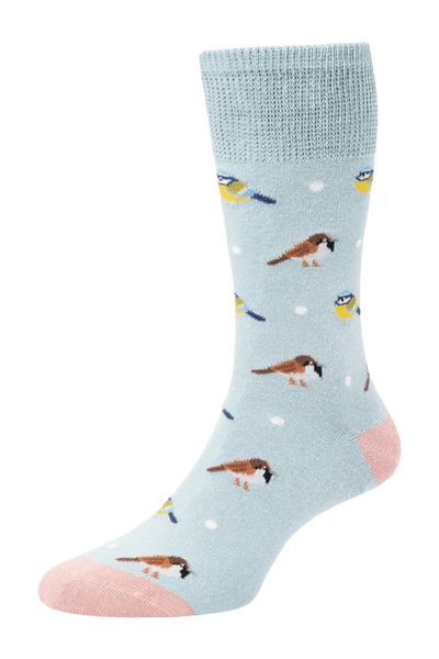 HJ505 Ladies Garden Birds Duck Egg Comfort Top Sock