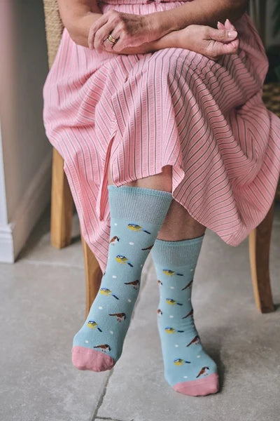 HJ505 Ladies Garden Birds Duck Egg Comfort Top Sock