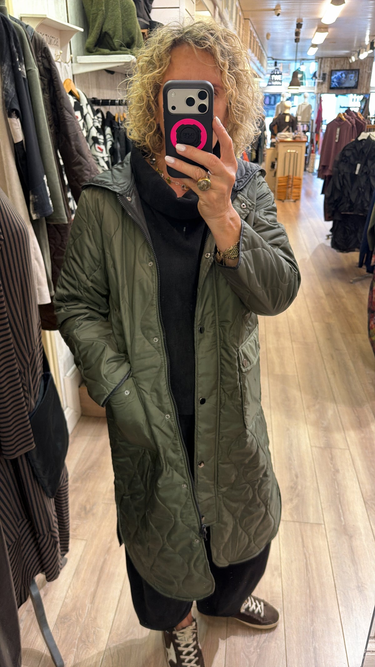 Naya Padded Coat With Pocket And Stud Detail Thyme
