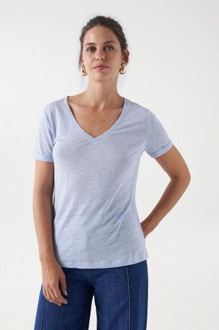 Salsa Linen V-Neck T-Shirt- Blue