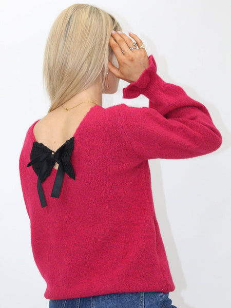 Kate & Pippa Bliss Bow Knit Jumper In Cherry Red