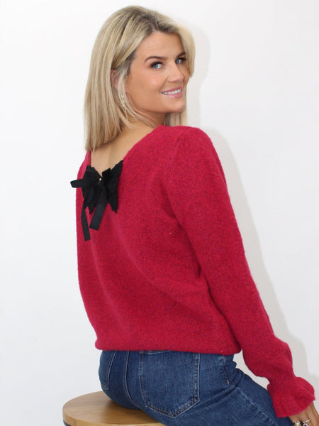 Kate & Pippa Bliss Bow Knit Jumper In Cherry Red