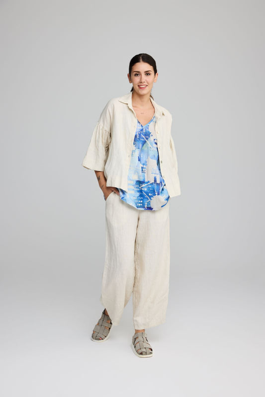 Luukaa V-Neck Linen Top Blue