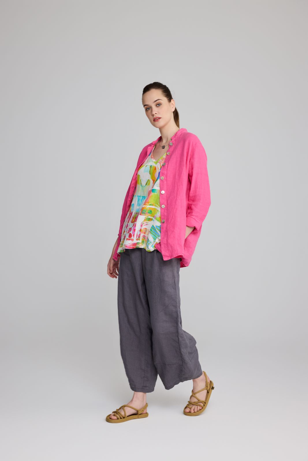 Luukaa Button Linen Top Pink