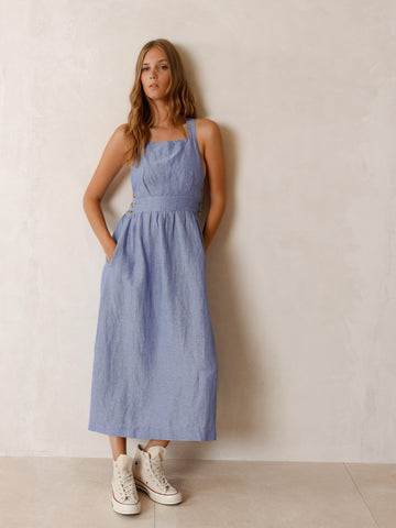 Indi & Cold Strappy Linen Dress- Blue