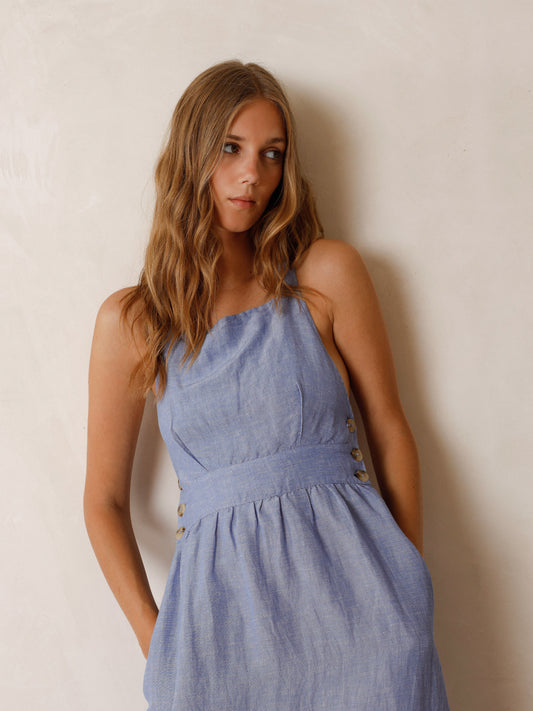 Indi & Cold Strappy Linen Dress- Blue