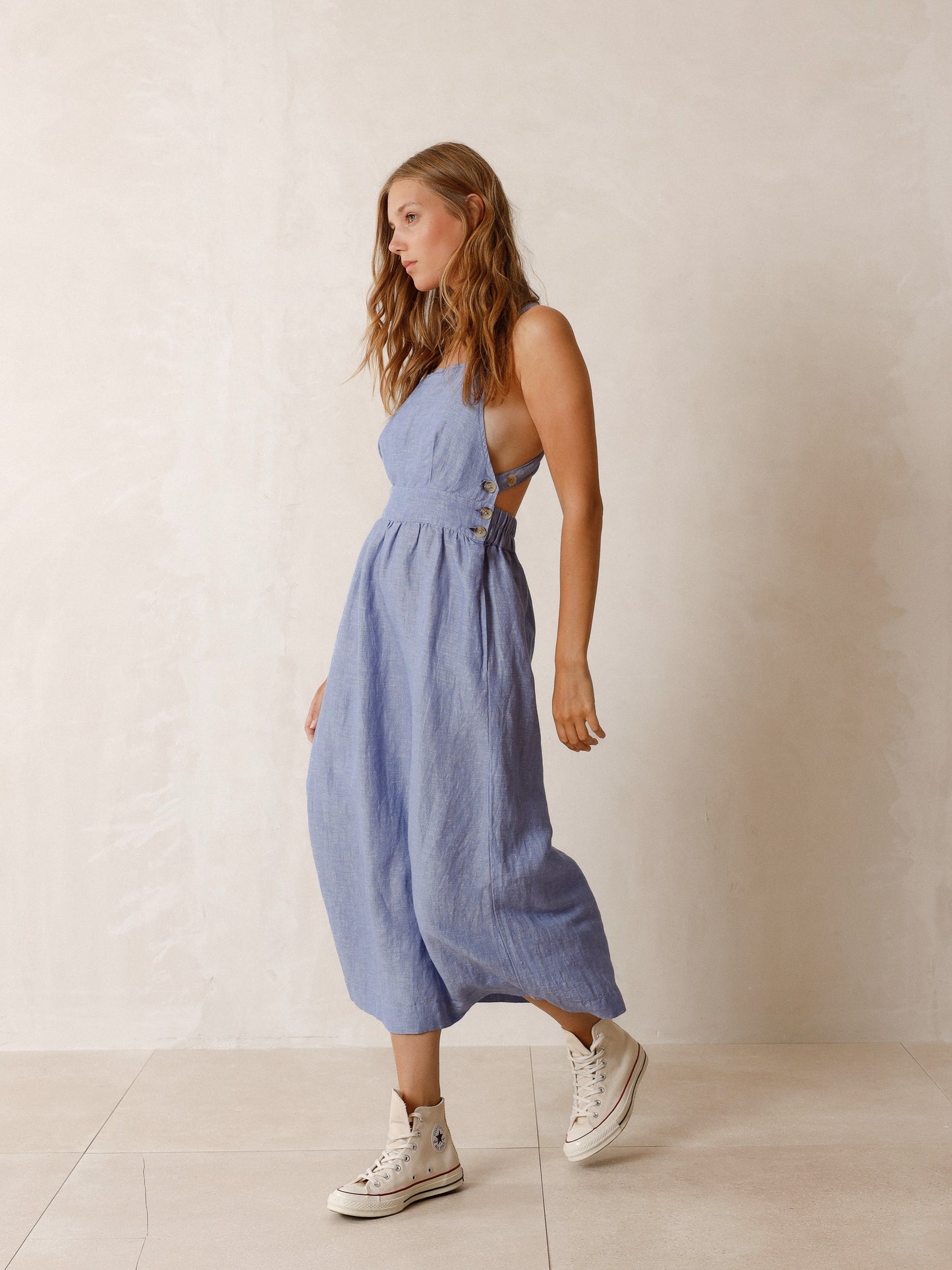Indi & Cold Strappy Linen Dress- Blue