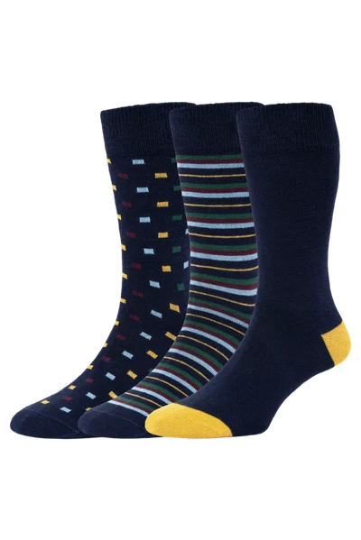 HJ332 Stripe and Square Navy Mix3-Pair Pack