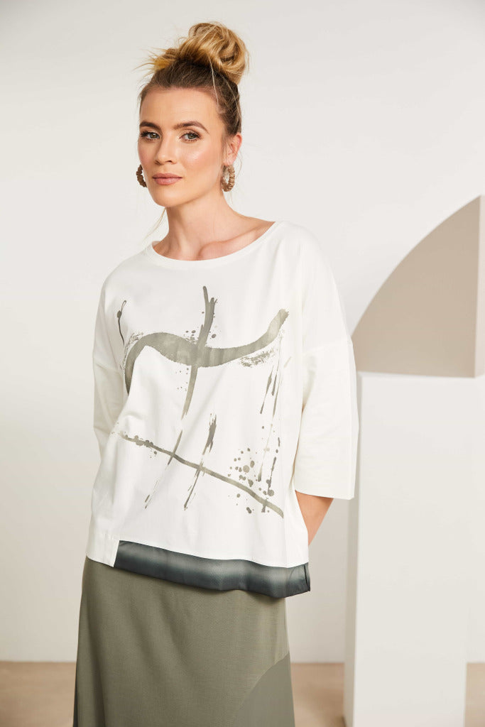 Naya Placement Print Top- Army