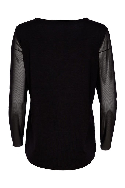 Naya Jersey Round Neck Top With Mesh Sleeve Black