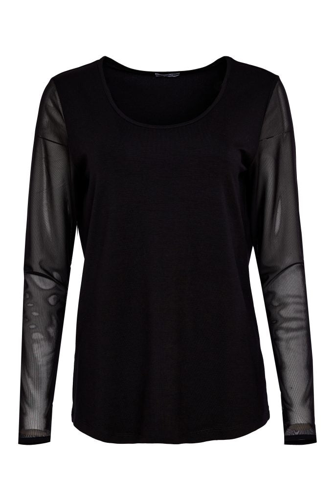 Naya Jersey Round Neck Top With Mesh Sleeve Black