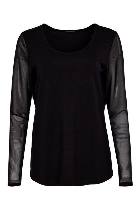 Naya Jersey Round Neck Top With Mesh Sleeve Black