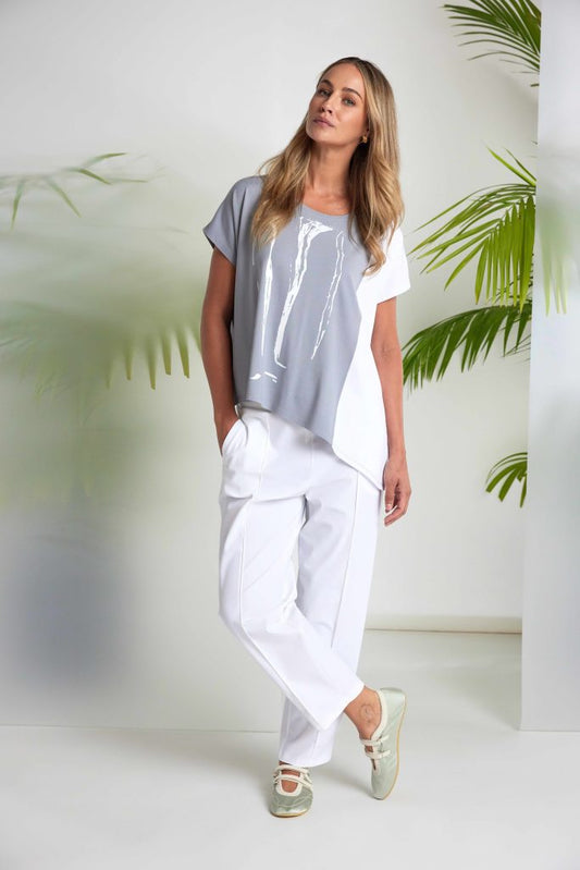 Naya Placement Print Top With Angle Hem Dove