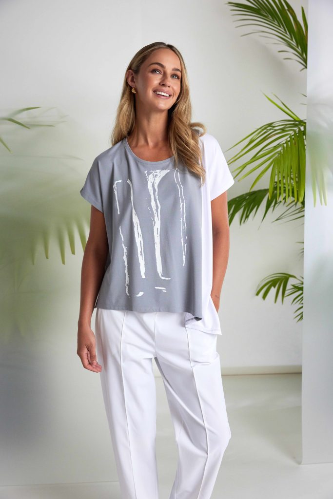 Naya Placement Print Top With Angle Hem Dove