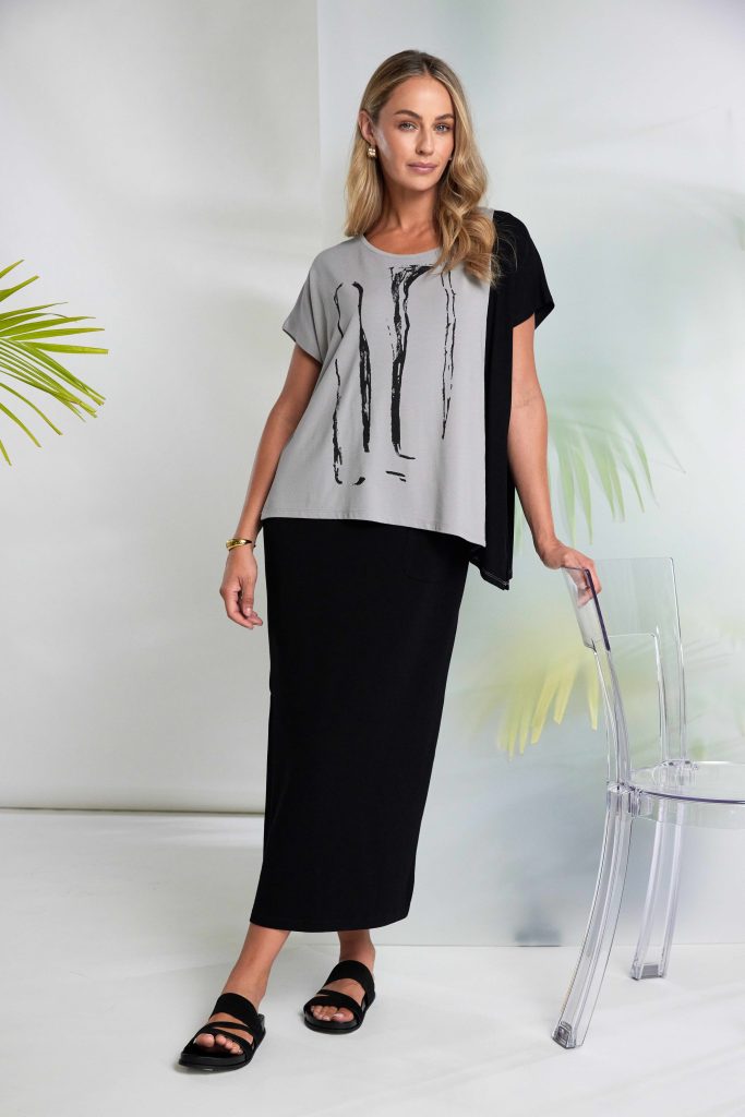 Naya Placement Print Top With Angle Hem Taupe